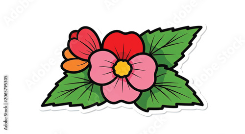 Colorful flowers with green leaves illustration.