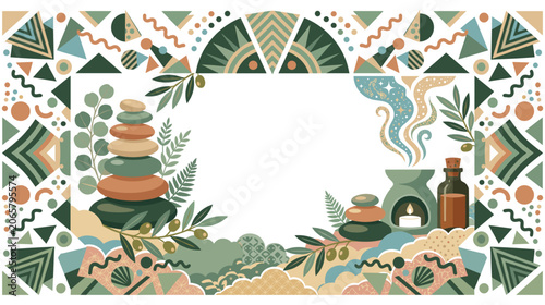 Photography Spa wellness concept frame with zen stones aromatherapy and foliage