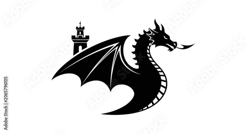 Black Dragon Silhouette with Medieval Castle Tower Icon