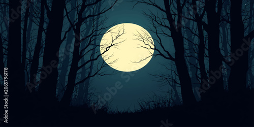 Bright Full Moon Glowing Through Dark Forest Tree Silhouettes