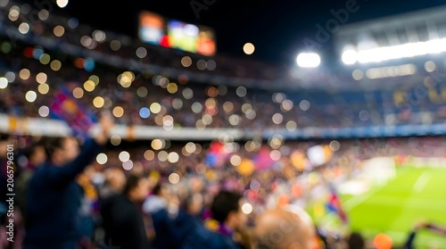 Abstract bokeh of football arena crowd lights with vibrant colors and stadium atmosphere at night