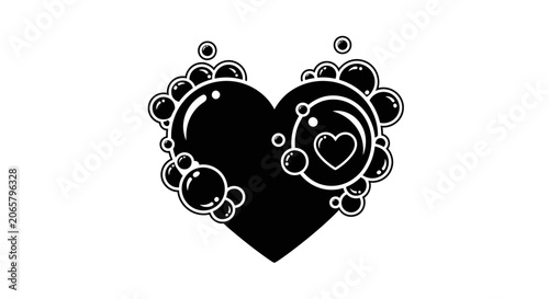 Black Heart Shape Surrounded by Soap Bubbles Illustration