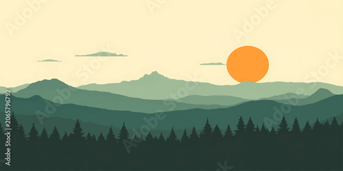 Layered Mountain Silhouette Landscape with Orange Sun and Forest