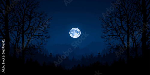 Blue Full Moon Over Dark Forest Silhouette at Night