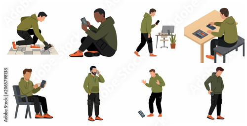 Fotografie Flat vector illustrations of men experiencing broken smartphone screens, featuring accidental drops, frustrated reactions, and DIY mobile phone repair scenes