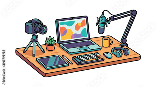 Colorful home office workspace desk setup.