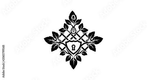 Black Ornamental Shield with Keyhole and Botanical Leaves
