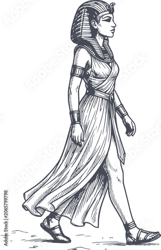 hand drawn style illustration of an egyptian goddess walking, side view, black lines on transparent background, vector image contains no white fills