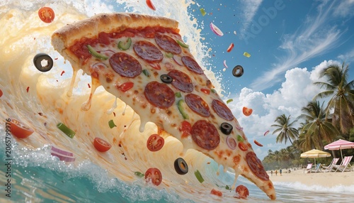 A whimsical and surreal image featuring a gigantic pizza slice surfing on a wave of gooey melted cheese adorned with vibrant toppings creating a playful and imaginative scene