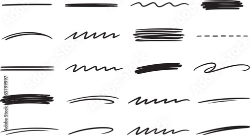 Collection of hand-drawn underline strokes and scribbles graphic design elements for emphasis and highlighting text isolated on white background