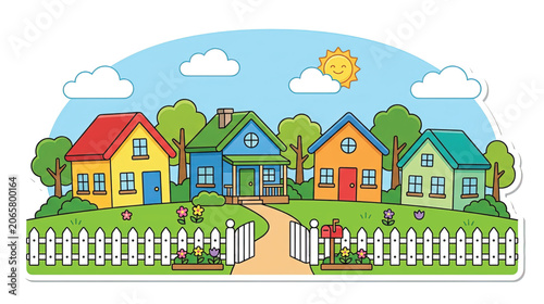 Colorful houses with white picket fence.