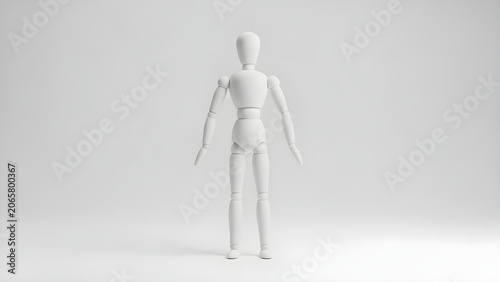 Obraz w ramie A white mannequin stands alone in a plain gray studio environment.