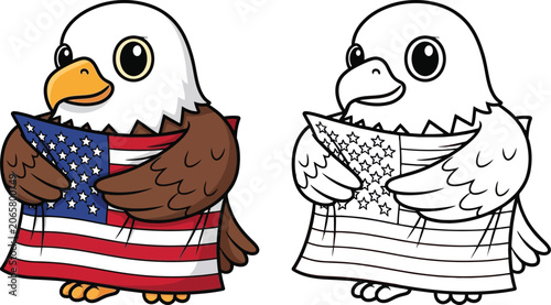 Cute Patriotic Eagle Hugging American Flag Cartoon and Coloring