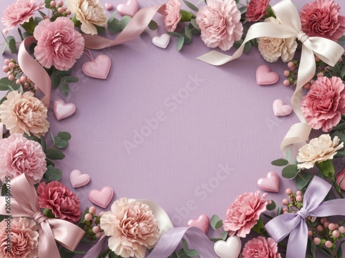Eye-catching presentation of carnations hearts silk ribbons f suitable for greeting cards