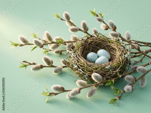 Thematic background depicting budding branches nest blue eggs with artistic flair