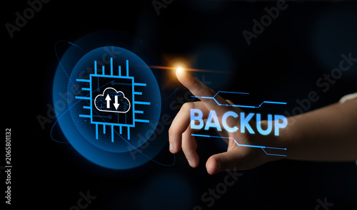 Tableau sur toile A captivating digital scene illustrating the concept of data backup with a cloud icon and a human finger reaching out, symbolizing innovation and technological connection