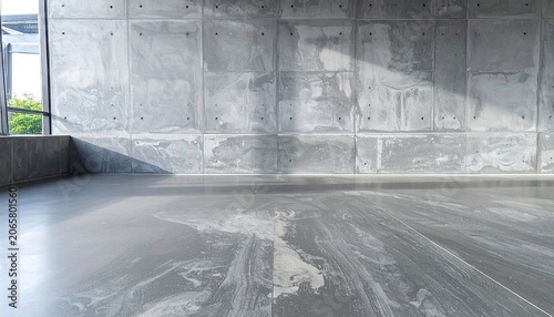 Modern concrete wall and floor interior with natural light and copy space