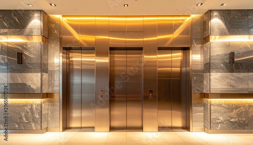 Modern elevator doors in a polished interior with overhead lighting