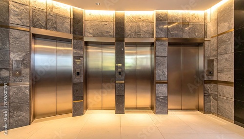 Modern elevators with metallic doors and decorative stone walls