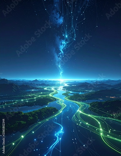 Digital Stream of Consciousness: An ethereal blue and green light flows like a river through a mountain landscape, converging into a bright, star-like nexus in the night sky.
