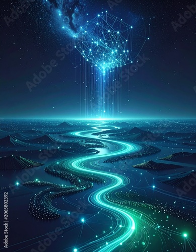 Digital Stream of Consciousness: A mesmerizing abstract digital landscape depicts a flowing river of luminous data streams, originating from a celestial network cloud and illuminating a futuristic.