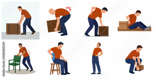 Fotografie Vector illustrations of ergonomic lifting techniques and back pain in the workpl