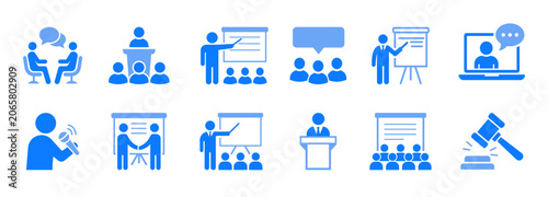 Business Communication and Presentation Icons Set – Meeting, Webinar, presentation, meeting, Speech and Training Vector Collection
