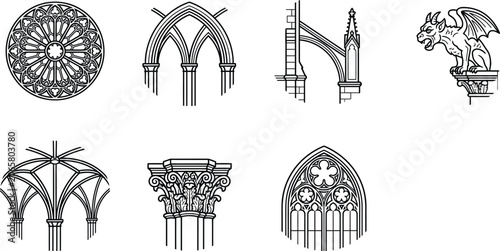 Photos Gothic architecture elements black line vector illustrations on a white backgrou