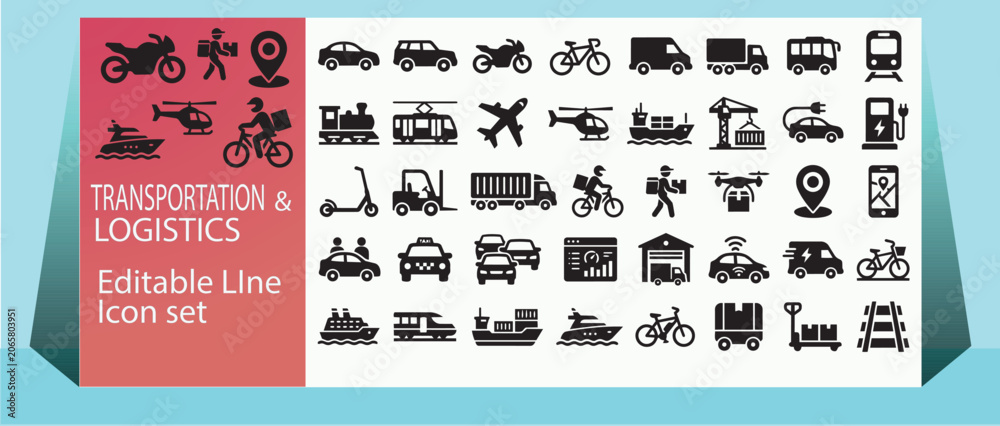 Naklejka premium Smart Transportation and Delivery Logistics Icons Set Vehicle Freight Courier Mobility Vector Editable Icon