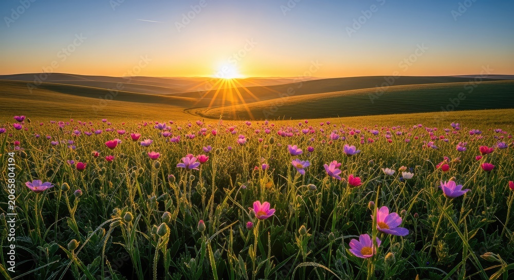 Obraz premium A golden sunrise illuminates a lush green meadow filled with wildflowers and morning dew, casting long shadows across the rolling hills, dawn, light, rural