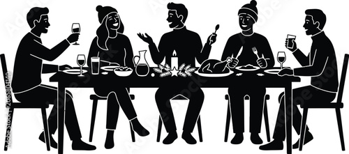 Silhouette of five people seated at a dining table with food a black and white illustration banquet black and white celebration communal company