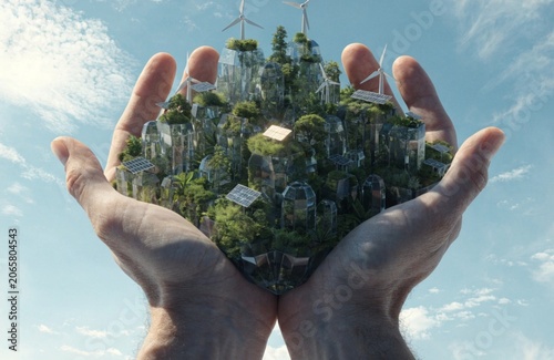 Concept of a sustainable urban environment with human hands supporting a miniature eco friendly city featuring greenery solar energy systems and wind power technology