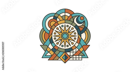 Vintage Style Celestial Sun and Moon Mandala Vector Design with Geometric Shapes