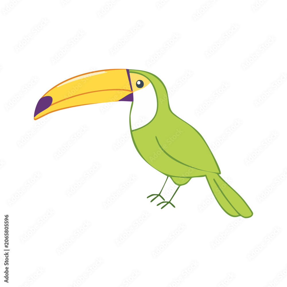 Fototapeta premium Charming cartoon toucan with a large colorful beak isolated on white