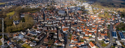 Aerial view beside the old town above the city Lich in Germany, on a sunny afternoon in autumn.