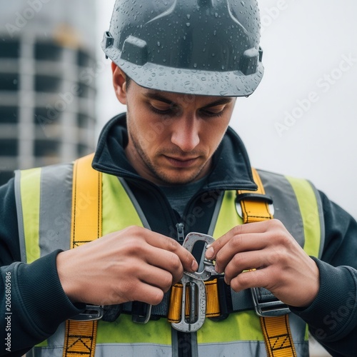 Construction Worker Adjusting Safety Harness On Site Ready For Work
