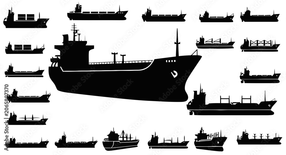 Obraz premium Vector illustration of set of cargo ship silhouettes on a transparent background