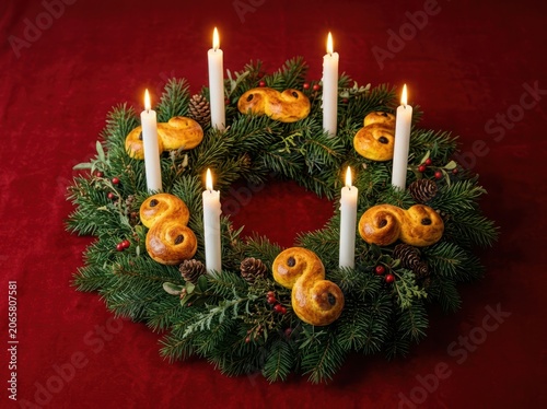 Stunning visual of evergreen wreath with candles arranged perfectly for holiday themes