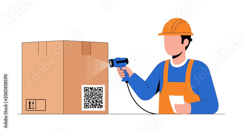 Warehouse Worker Scanning QR Code on Cardboard Box with Handheld Scanner Vector Illustration