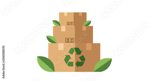Sustainable Packaging Concept with Stacked Cardboard Boxes and Green Leaves Illustration