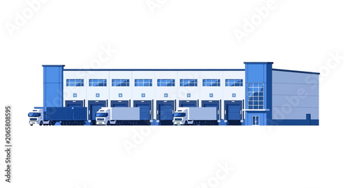Modern Warehouse Distribution Center with Loading Docks and Delivery Trucks Vector Illustration for Logistics and Supply Chain Concepts
