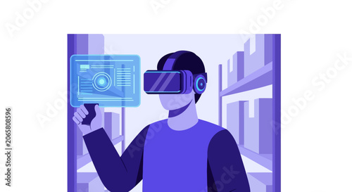 Man Using Virtual Reality VR Headset for Smart Warehouse Logistics and Inventory Management Illustration