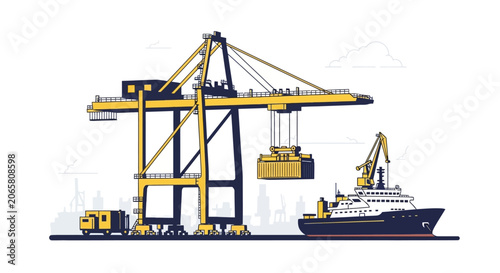 Logistics and Global Trade Illustration of a Container Port with Gantry Crane and Cargo Ship