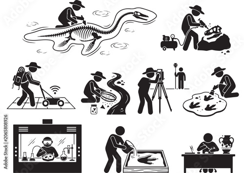 Paleontology and archaeology research icons, scientist stick figures excavating dinosaur fossils and ancient artifacts, vector set
