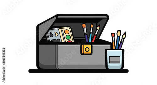 Colorful pencils and art supplies box.