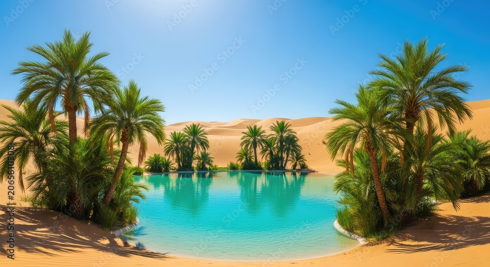 Fototapeta premium Lush green palm trees surround a vibrant turquoise water pool in the center of vast golden sand dunes under a clear and sunny blue sky, landscape, arid, shadows