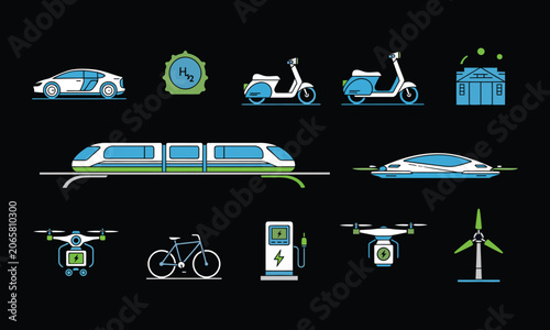Sustainable green energy transportation icons, eco-friendly electric vehicle vector set, renewable smart city mobility symbols on black background