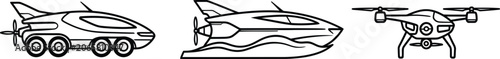 Futuristic transport vehicle icons set, modern drone and flying car line art, advanced sci-fi transportation technology vector illustrations