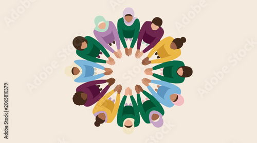 Diverse group of women forming a circle with hands together, top view