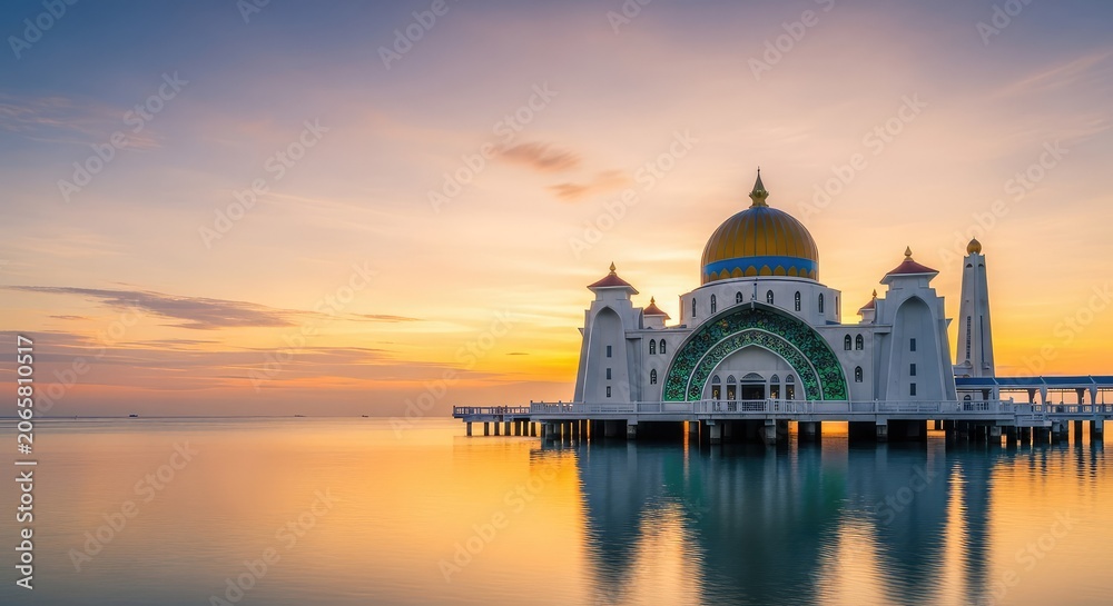 Obraz premium Majestic mosque stands on stilts over the tranquil ocean during a golden sunset, its golden dome and minarets reflecting in the blue water, serene, architecture, exterior